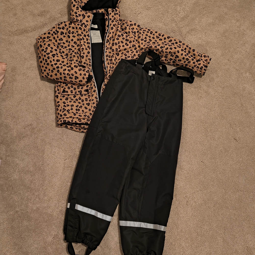 H&M Kid Leopard Print Jacket and Black Snow Pants Set 7/8
